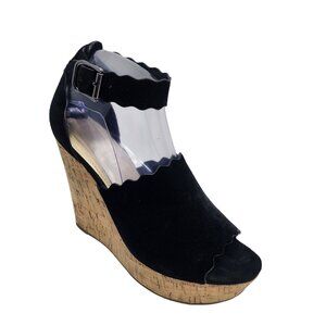 Marc Fisher Hayo Cork Wedge Sandal Ankle Strap Women's Size 8.5‎ Black Suede